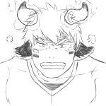  1boy absurdres angry animal_ears bara cow_boy cow_ears cow_horns facepaint facial_hair fiery_horns forked_eyebrows frown glowing_horns goatee greyscale highres horns looking_at_viewer male_focus monochrome pectorals portrait shirt short_hair solo tatatan_(ts_kon2) thick_eyebrows tokyo_afterschool_summoners upper_body wakan_tanka 