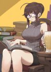  1girl ahoge beer_mug black_shorts book book_stack borrowed_character braid braided_bun breasts brown_hair chair commentary commission condensation cup english_commentary expressionless eyebrows_visible_through_hair feet_out_of_frame glasses hair_bun half_updo highres jewelry jun_(seojh1029) large_breasts looking_at_viewer medium_hair mug open_book original parted_lips pendant purple_eyes ribbed_sweater semi-rimless_eyewear short_shorts shorts sidelocks signature simple_background sitting skeb_commission sleeveless sleeveless_sweater sleeveless_turtleneck solo sweater thighs turtleneck turtleneck_sweater yellow_background 