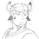  1boy absurdres animal_ears bara blank_stare cow_boy cow_ears cow_horns ears_down expressionless facepaint facial_hair fiery_horns forked_eyebrows glowing_horns goatee greyscale highres horns looking_at_viewer male_focus monochrome pectorals portrait short_hair solo tatatan_(ts_kon2) thick_eyebrows tokyo_afterschool_summoners upper_body wakan_tanka 