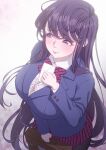  1girl blurry blurry_background blush breasts briefcase cleavage closed_mouth eyebrows_visible_through_hair eyelashes highres holding holding_briefcase holding_letter komi-san_wa_komyushou_desu komi_shouko letter long_eyelashes long_hair love_letter pink_lips purple_eyes purple_hair rhasta skirt smile solo striped striped_clothes striped_skirt 