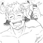  1boy absurdres animal_ears bara can cow_boy cow_ears cow_horns drunk facepaint facial_hair fiery_horns forked_eyebrows glowing_horns goatee greyscale highres holding holding_can horns looking_at_viewer male_focus monochrome nude pectorals portrait short_hair solo tatatan_(ts_kon2) thick_eyebrows tokyo_afterschool_summoners upper_body wakan_tanka 