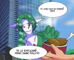  2021 braided_hair bucket_of_chicken detailed_background dialogue female gardevoir grabbing_food green_hair hair hi_res humanoid meme nintendo not_furry pok&eacute;mon pok&eacute;mon_(species) red_eyes sheico skyscraper smile solo spanish_text text video_games 