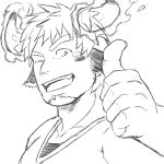  &gt;_o 1boy ;d absurdres animal_ears bara cow_boy cow_ears cow_horns facepaint facial_hair fiery_horns forked_eyebrows glowing_horns goatee greyscale highres horns looking_at_viewer male_focus monochrome one_eye_closed portrait short_hair smile solo tatatan_(ts_kon2) thick_eyebrows thumbs_up tokyo_afterschool_summoners upper_body wakan_tanka 