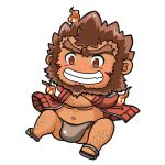  1boy :d bara beard blush brown_hair chest_hair chibi crossed_arms facial_hair full_body jacket jinn_(housamo) kemonosuke_(kmskths) large_bulge lowres male_focus male_swimwear muscular muscular_male navel open_clothes open_jacket short_hair smile solo swim_briefs thick_eyebrows tokyo_afterschool_summoners track_jacket unibrow 