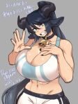  1girl abs agawa_ryou animal_ears artist_name bangs bare_shoulders bell black_collar black_hair black_nails breast_suppress breasts cleavage collar collarbone cowbell cowboy_shot dated eyebrows_visible_through_hair grey_background grey_eyes grin gym_shorts horns huge_breasts long_hair looking_at_viewer navel numbered open_mouth original ponytail shorts sidelocks simple_background smile solo sports_bra swept_bangs very_long_hair waving 