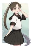  1girl ayanami_(kancolle) black_sailor_collar black_skirt brown_eyes brown_hair cowboy_shot kantai_collection long_hair looking_at_viewer natsume_(natsume_melio) one-hour_drawing_challenge pleated_skirt remodel_(kantai_collection) sailor_collar school_uniform serafuku side_ponytail skirt smile solo standing twitter_username 