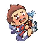  1boy ball bara blush brown_hair chibi embarrassed facial_hair full_body goatee gunzo_(housamo) kemonosuke_(kmskths) lowres male_focus rugby_ball rugby_uniform scar scar_on_cheek scar_on_face short_hair shorts sideburns sitting socks solo spirit sportswear thick_eyebrows tokyo_afterschool_summoners white_background white_shorts 