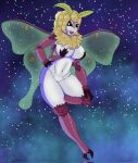  2021 anthro arthropod big_breasts black_sclera blonde_hair breasts chest_tuft female flying genitals hair hand_on_breast hand_on_hip hand_on_knee hand_on_leg hi_res insect lepidopteran looking_at_viewer moth multi_limb nude pussy reapcreates831 simple_background solo star tuft wings 