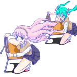  2girls aqua_eyes aqua_hair blue_eyes blue_outline brown_vest chair commentary gapinelu grey_skirt hairband hatsune_miku long_hair megurine_luka miniskirt multiple_girls open_mouth outline pink_hair pleated_skirt racing shadow shirt shoes sitting sitting_backwards skirt twintails uwabaki vest vocaloid white_background white_shirt 