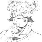  1boy absurdres animal_ears bara bespectacled black-framed_eyewear cow_boy cow_ears cow_horns facepaint facial_hair fiery_horns finger_to_own_chin forked_eyebrows glasses glowing_horns goatee greyscale highres horns looking_at_viewer male_focus monochrome pectorals portrait raised_eyebrow short_hair solo tatatan_(ts_kon2) thick_eyebrows thinking tokyo_afterschool_summoners upper_body wakan_tanka 