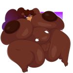 1:1 absurd_res ambiguous_gender anthro areola arizonathevixen belly belly_grab big_belly big_breasts blush breasts brown_bear brown_body brown_hair brown_nipples disembodied_hand duo female genitals hair half-closed_eyes hand_behind_head hand_on_stomach hi_res huge_breasts humanoid_hands hyper hyper_breasts inverted_nipples mammal narrowed_eyes navel nipples nude overweight overweight_anthro overweight_female puffy_nipples pussy smile thick_thighs ursid ursine wide_hips yellow_eyes 