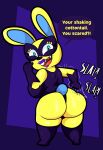  2021 4k absurd_res animal_crossing anthro big_breasts big_butt blue_background breasts butt butt_slap butt_squish clothing curvy_figure dialogue digital_media_(artwork) english_text eyelashes female fingers fur gloves handwear hi_res huge_breasts huge_butt lagomorph leotard leporid lips long_ears looking_at_viewer looking_back mammal mask mira_(animal_crossing) nintendo rabbit rear_view sharp_teeth simple_background slap smile solo someth1ngoranother squish talking_to_viewer teal_eyes teeth text thick_thighs tongue video_games voluptuous wide_hips yellow_body yellow_fur 