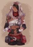  1girl abs absurdres au_ra avatar_(ffxiv) bandaged_arm bandages bandana belt breasts dark_skin eyepatch fang_necklace final_fantasy final_fantasy_xiv fingerless_gloves gloves grey_lips hair_over_shoulder highres horns interlocked_fingers jewelry large_breasts lipstick long_hair lunie makeup midriff multiple_belts muscular muscular_female necklace plaid red_eyes scales silver_hair stomach tan 