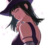  1girl bangs bare_shoulders black_hair blue_eyes blunt_bangs breasts hat head_tilt highres large_breasts long_hair looking_at_viewer looking_back mygiorni nico_robin one_piece sidelocks simple_background smile solo white_background 