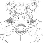  1boy :p absurdres animal_ears bara blush cow_boy cow_ears cow_horns facepaint facial_hair fiery_horns finger_in_mouth forked_eyebrows glowing_horns goatee greyscale highres horns looking_at_viewer male_focus monochrome nude pectorals portrait short_hair solo sweatdrop tatatan_(ts_kon2) thick_eyebrows tokyo_afterschool_summoners tongue tongue_out upper_body wakan_tanka 