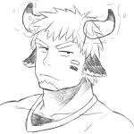  1boy absurdres animal_ears annoyed bara cow_boy cow_ears cow_horns facepaint facial_hair fiery_horns forked_eyebrows frown glowing_horns goatee greyscale highres horns looking_at_viewer male_focus monochrome pectorals portrait raised_eyebrow short_hair solo tatatan_(ts_kon2) thick_eyebrows tokyo_afterschool_summoners upper_body wakan_tanka 