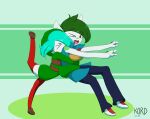  &gt;.&lt; 2021 amber_(reapcreates831) clothing cybernetic_limb duo embrace eyes_closed female gardevoir green_background green_hair hair happy hi_res hoodie hug hugging_from_behind humanoid julienne_(reapcreates831) kordcross nintendo not_furry one_eye_closed one_leg_up open_mouth pok&eacute;mon pok&eacute;mon_(species) raised_leg red_eyes signature simple_background topwear turquoise_hair video_games 