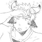  1boy absurdres animal_ears bara cow_boy cow_ears cow_horns facepaint facial_hair fiery_horns forked_eyebrows glowing_horns goatee greyscale highres horns hot looking_at_viewer male_focus monochrome one_eye_closed portrait short_hair solo sweat tatatan_(ts_kon2) thick_eyebrows tokyo_afterschool_summoners upper_body wakan_tanka 