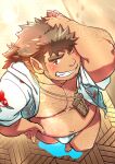  1boy abacus andvari_(housamo) arm_hair bara bare_pectorals beard belly blush brown_hair bulge chest_hair dark-skinned_male dark_skin facial_hair fat fat_man foreshortening from_above full_body green_male_swimwear grin hairy hawaiian_shirt highres hood hooded_jacket jacket jewelry leg_hair long_hair long_sideburns male_focus male_swimwear mature_male muscular muscular_male navel necklace nipples open_clothes open_jacket pectorals perspective plump pointy_ears shirt sideburns smile solo stomach swim_briefs thick_eyebrows thighs tokiniha_netai_(pm8sleepy) tokyo_afterschool_summoners 