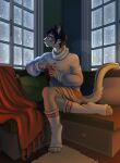  2021 4_toes 5_fingers anthro black_hair black_nose breasts digital_media_(artwork) domestic_cat ear_piercing ear_ring eyebrows eyelashes feet felid feline felis female fingers fur grey_body grey_fur hair hi_res mammal piercing rayley smile solo toes 