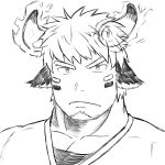  1boy absurdres animal_ears bara cow_boy cow_ears cow_horns facepaint facial_hair fiery_horns forked_eyebrows frown glowing_horns goatee greyscale highres horns looking_at_viewer male_focus monochrome portrait pout short_hair solo tatatan_(ts_kon2) thick_eyebrows tokyo_afterschool_summoners upper_body wakan_tanka 