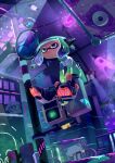  1girl absurdres aqua_hair bangs between_legs bike_shorts black_footwear blunt_bangs blush boots closed_mouth commentary dutch_angle english_commentary expressionless full_body gradient_hair green_jacket grey_eyes hand_between_legs headgear hero_shot_(splatoon_2) high_collar highres holding holding_weapon inkling jacket lamppost lava_lamp long_sleeves looking_to_the_side miitara mirror multicolored_hair nose_blush octoseeker outdoors purple_hair shiny shiny_hair short_hair sidelocks sitting solo splatoon_(series) stairs star_(symbol) suction_cups tentacle_hair tentacles traffic_light two-tone_hair v_arms weapon 