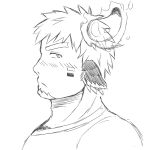  1boy absurdres animal_ears bara blush cow_boy cow_ears cow_horns facepaint facial_hair fiery_horns forked_eyebrows from_side glowing_horns goatee greyscale highres horns looking_at_viewer male_focus monochrome portrait short_hair solo tatatan_(ts_kon2) thick_eyebrows tokyo_afterschool_summoners upper_body wakan_tanka 