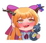  1girl :3 alcohol blonde_hair blush bottle drunk fang holding holding_bottle horns huge_bow ibuki_suika long_hair orange_hair recare smile solo torn_clothes torn_sleeves touhou watery_eyes white_background yellow_eyes 