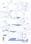  5girls ahoge armpits arms_up ass ass_visible_through_thighs back bangs barefoot bikini bikini_skirt blue_theme blunt_bangs blush bow bow_bikini breasts closed_mouth commentary crossed_ankles crotch_seam double_v eyebrows_visible_through_hair flat_chest frilled_bikini frills from_above glasses grin groin hair_between_eyes hair_bow hair_pulled_back hair_ribbon hairband halterneck hands_on_own_chest highres ichinose_minori knee_up laura_la_mer legs_up long_hair looking_at_viewer looking_back low_twintails lying medium_hair micro_bikini miyagoe_yoshitsuki monochrome multiple_girls natsuumi_manatsu navel on_back on_stomach one-piece_swimsuit open_mouth parted_lips ponytail precure ribbon rimless_eyewear round_eyewear short_hair side-by-side small_breasts smile spot_color striped striped_bikini suzumura_sango swimsuit takizawa_asuka thigh_gap tropical-rouge!_precure twintails v 