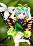  1girl antennae aqua_hair barefoot blush butterfly_wings dress eternity_larva eyebrows_visible_through_hair fairy flower foot_out_of_frame green_dress hair_between_eyes highres leaf leaf_on_head multicolored_clothes multicolored_dress open_mouth short_hair single_strap smile solo touhou twitter_username white_flower wings yellow_eyes yuyumi_(yuurei) 