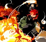  1girl animal_ears black_background black_bow bow braid cat_ears darkness dress explosion extra_ears fire ghost green_dress hand_up highres hitodama kaenbyou_rin kaigen_1025 molten_rock open_mouth red_eyes red_hair shiny slit_pupils smile solo touhou twin_braids wheelbarrow 