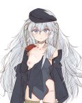  1girl blue_eyes breasts collarbone cowboy_shot dhuten girls&#039;_frontline gloves grey_hair hair_between_eyes hand_on_own_face highres leotard long_hair looking_at_viewer messy_hair mod3_(girls&#039;_frontline) nipples off_shoulder red_gloves ribeyrolles_(girls&#039;_frontline) simple_background small_breasts solo thighhighs white_background 