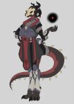  absurd_res anthro armor black_body breasts claws clothed clothing dragon female hi_res looking_at_viewer magic multicolored_body red_body red_eyes scalie simple_background solo tolerain_(artist) two_tone_body western_dragon 
