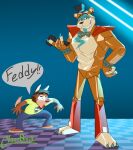  abstract_background animatronic anthro biped bodypaint bottomwear bow_tie brown_body brown_fur canid canine canis clothed clothing duo ear_piercing ear_ring eyebrows face_paint featureless_crotch five_nights_at_freddy&#039;s five_nights_at_freddy&#039;s:_security_breach fully_clothed fur glamrock_freddy_(fnaf) glass0milk hat headgear headwear hi_res holding_microphone holding_object machine male mammal microphone open_mouth pants piercing pose robot scottgames shirt shoulder_pads smile speech_bubble standing tan_body tan_fur teeth tongue top_hat topwear ursid video_games wolf 