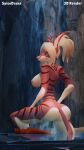  3d_(artwork) anthro autofellatio blender_(software) breasts butt canid canine canis cave digital_media_(artwork) female frown genitals hi_res jackal looking_at_viewer mammal masturbation nude oral oral_masturbation outside penile penile_masturbation pussy sheyza shower solo spicedrake water waterfall 