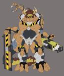  anthro armor brown_hair claws clothing dragon fangs female hair hair_over_eyes hi_res holding_object holding_weapon horn mature_female multicolored_body open_mouth open_smile ranged_weapon simple_background smile solo suit tolerain_(artist) weapon yellow_body 