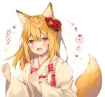  1girl :d animal_ears bangs blonde_hair blush commentary_request eyebrows_visible_through_hair flower fox_ears fox_girl fox_tail hair_between_eyes hair_flower hair_ornament highres japanese_clothes kimono long_hair long_sleeves looking_at_viewer matsusaka_gyuu miko open_clothes original red_eyes red_flower simple_background smile solo tail upper_body white_background white_kimono wide_sleeves 