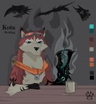  2017 anthro black_body black_fur blue_eyes canid canine canis claws digital_media_(artwork) dog_tags duo fangs fur grey_background hybrid kota_(wolfdawg) male mammal multicolored_body multicolored_fur open_mouth pincers red_body red_fur simple_background teeth tongue white_body white_fur wolfdawg wolfdog 
