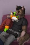  2021 5_fingers absurd_res anthro black_clothing bottomwear canid canine canis clothing duo eyes_closed fingers fox fur furniture grey_clothing hi_res kikonine love male mammal marjani open_mouth pants red_clothing sitting smile sofa wolf ych_result 