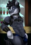  anthro bar_counter black_body black_fur black_hair blue_clothing blue_eyes blue_underwear bulge checkhoff chest_harness choker clothing counter equid equine fur gloves_(marking) hair harness hi_res horse jewelry joel_breton looking_at_viewer male mammal markings muscular necklace solo underwear white_markings 