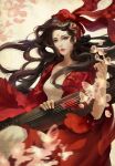  1girl black_hair bug butterfly dress facepaint floral_background highres holding holding_instrument instrument jjlovely long_hair looking_at_viewer open_clothes open_dress original red_dress red_headwear red_lips shirt solo tagme white_shirt 