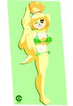  absurd_res animal_crossing anthro big_breasts bikini blonde_hair breasts canid canine canis cleavage clothed clothing dark_templar_(artist) domestic_dog female flexible hair hi_res isabelle_(animal_crossing) mammal nintendo nipple_outline one_eye_closed one_leg_up raised_leg side-tie_bikini solo splits spread_legs spreading standing swimwear vertical_splits video_games wink 