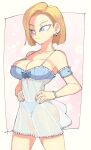  1girl android_18 bead_bracelet beads blonde_hair blue_bra blue_panties bra bracelet breasts cleavage dragon_ball dragon_ball_z earrings hands_on_hips highres hoop_earrings inkerton-kun jewelry lace_trim lingerie negligee nightgown panties see-through solo underwear underwear_only 