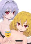  2girls blonde_hair censored flandre_scarlet hair_intakes highres looking_at_viewer multiple_girls no_hat no_headwear novelty_censor nude purple_hair red_eyes remilia_scarlet siblings simple_background sisters sudako_(dai011305) touhou white_background wings 