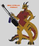  absurd_res anthro cigarette claws dragon fangs female flamethrower genitals hi_res holding_object holding_weapon looking_at_viewer mature_female multicolored_body open_mouth open_smile orange_body pussy ranged_weapon simple_background smile solo tolerain_(artist) two_tone_body weapon yellow_body yellow_eyes 