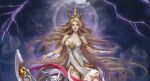  1girl absurdly_long_hair blonde_hair bracelet cloud cloudy_sky copyright_request crown dress goddess gold_crown gold_trim halo jewelry jjlovely lightning long_hair looking_at_viewer sky solo storm storm_cloud very_long_hair white_dress 