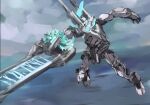  cloud crystal flying highres holding holding_sword holding_weapon looking_ahead mark_sein mecha no_humans open_hand science_fiction sgr_(rx79g_sgr) sketch sky solo soukyuu_no_fafner sword visor weapon 