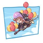  1girl :d balloon blue_sky blush broom broom_riding brown_hair chibi commentary_request day flying hat hc2002 highres horse_girl long_hair long_sleeves sky smile solid_circle_eyes solo sparkle sweep_tosho_(umamusume) twintails umamusume witch_hat 