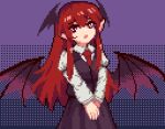  1girl black_skirt black_vest black_wings collared_shirt eyebrows_visible_through_hair head_wings juliet_sleeves koakuma long_skirt long_sleeves looking_up necktie own_hands_together pixel_art pointy_ears puffy_sleeves purple_background red_eyes red_hair red_necktie shirt simple_background skirt solo touhou v_arms vest wings youmo_de_chihuo 