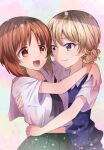  2girls :d arms_around_neck arms_around_waist bangs blonde_hair blouse blue_eyes blue_sweater braid brown_eyes brown_hair closed_mouth commentary_request darjeeling_(girls_und_panzer) dress_shirt eyebrows_visible_through_hair girls_und_panzer green_skirt highres hug light_particles long_sleeves looking_at_another midriff_peek multiple_girls neckerchief nishizumi_miho ooarai_school_uniform open_mouth pleated_skirt rurikoke sailor_collar school_uniform serafuku shirt short_hair short_sleeves skirt smile st._gloriana&#039;s_school_uniform summer_uniform sweater sweater_vest tied_hair upper_body white_blouse white_sailor_collar white_shirt wing_collar yuri 